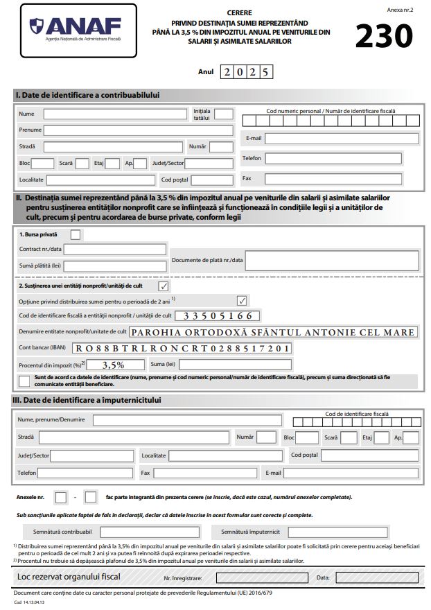 3,5 la sută pentru Parohia Ortodoxă Sfântul Antonie cel Mare (Sopor-Cluj-Napoca)